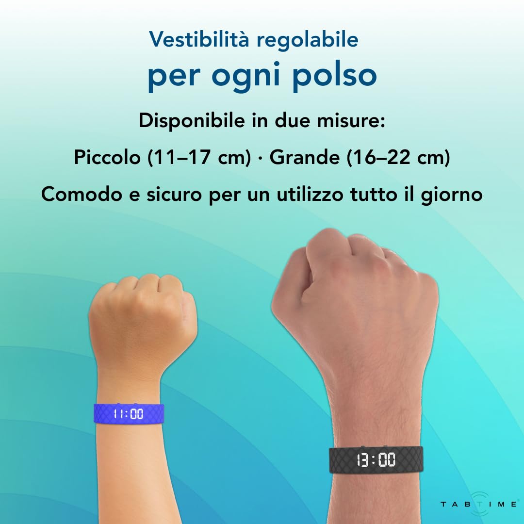 TabTime Bracciale con Allarme a Vibrazione – Sveglia Silenziosa da Polso per Adulti e Bambini – fino a 10 Promemoria Personali o per Assunzione di Pillole al Giorno