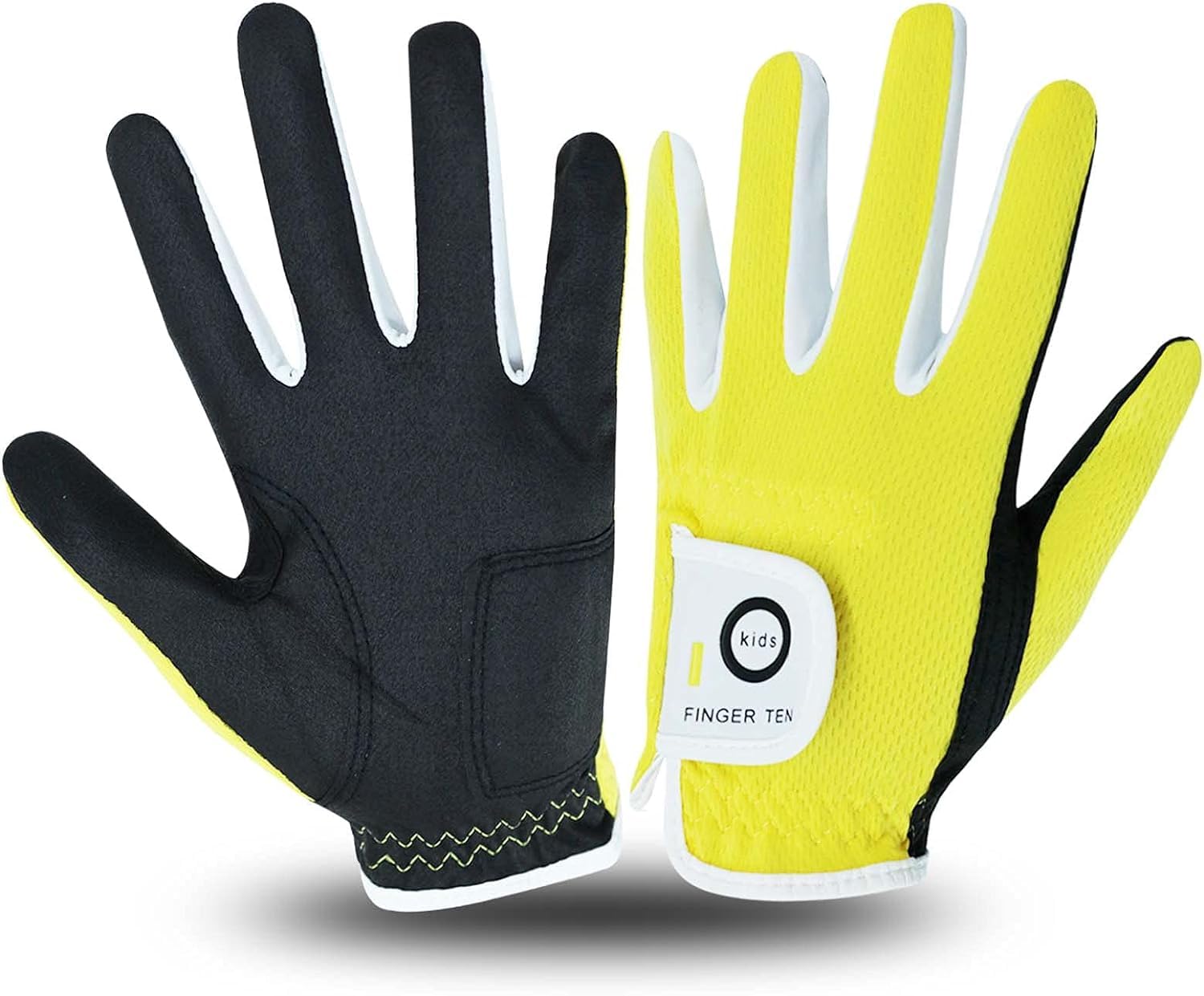 FINGER TEN Golf Gloves Kids All Weather Soft for Left and Right Hand Rain Grip Breathable Value Pair, Golf Gloves for Girls Boys Wear-Resistant Non Slip Comfortable (Yellow, Medium)