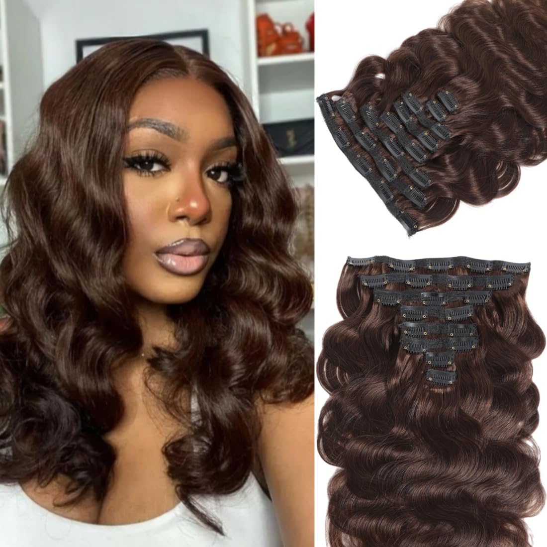 LUMIERE Clip In Hair Extensions Real Human Hair Dark Brown Clip In Hair Extensions Black Women 120g With 8pcs Seamless Real Human Hair Clip Ins 20