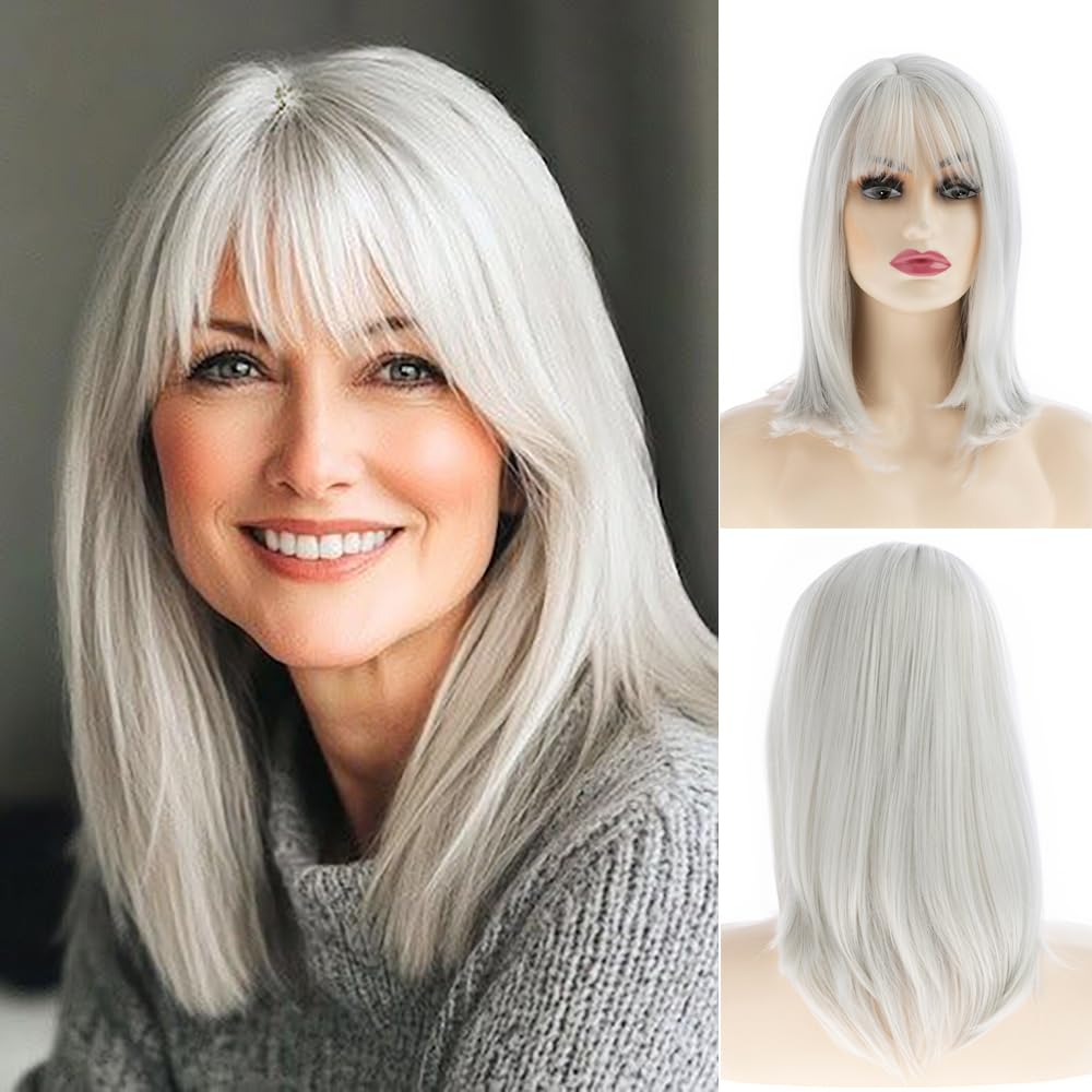 Dsimeig Long Silver Wigs for Women Natural Straight Silver Wig with Bangs,Synthetic Hair Wig for Daily Party Use