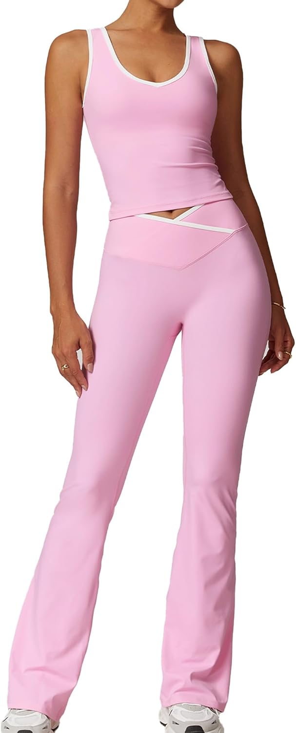 Women 2 Piece Workout Sets Flare Leggings Crossover High Waist Yoga Outfits Sports Bra Gym Activewear