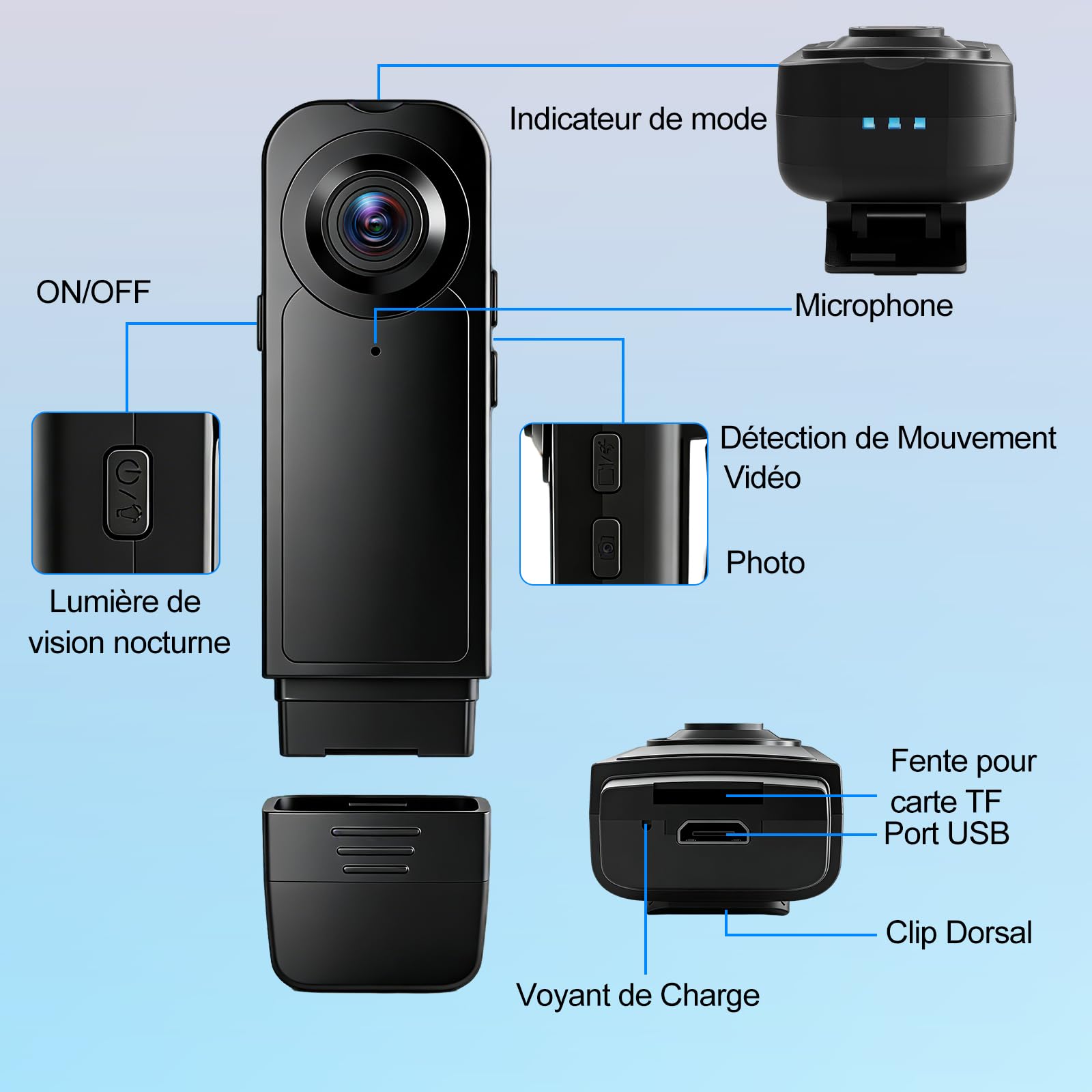 TANGMI Mini Camera Body, 7 Heures d'Utilisation Mains Libres Camera Pieton Portable, Vision Nocturne & 1080P HD Grand Angle 140° Camera Portable HD pour Enregistrement Vidéo et Prise de Photos