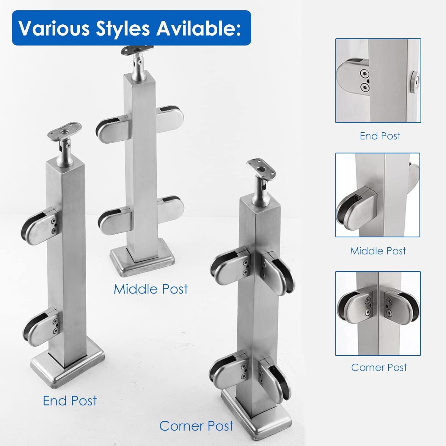 Square Glass Railing Post – Indoor Stainless Steel Clamp Fence Balusters with Complete Installation Kit – Easy to Install Vertical Support for Stairs and Floors