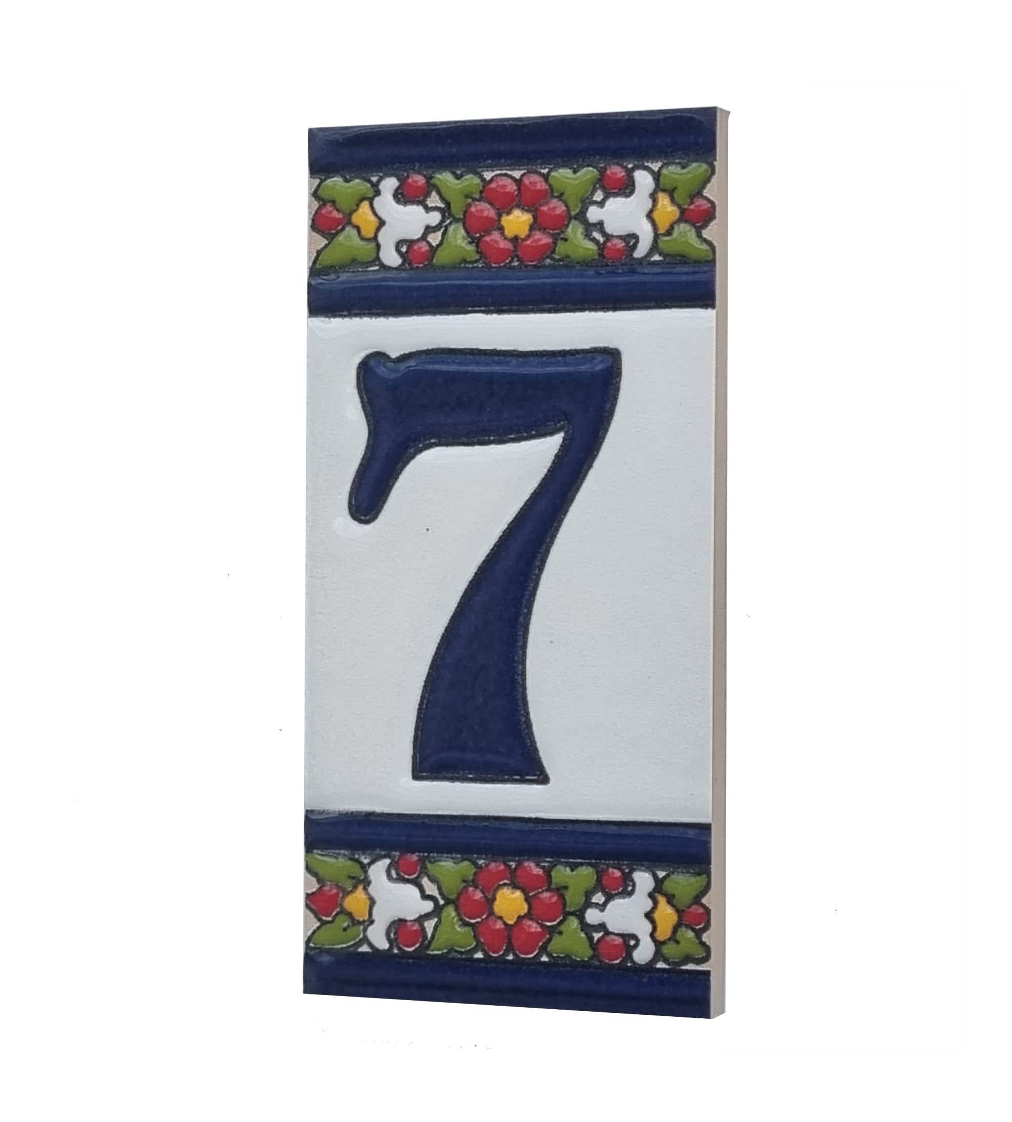 Spanish Floral Designed Ceramic Letter Tiles House Number Tiles and Frames (Number 7)