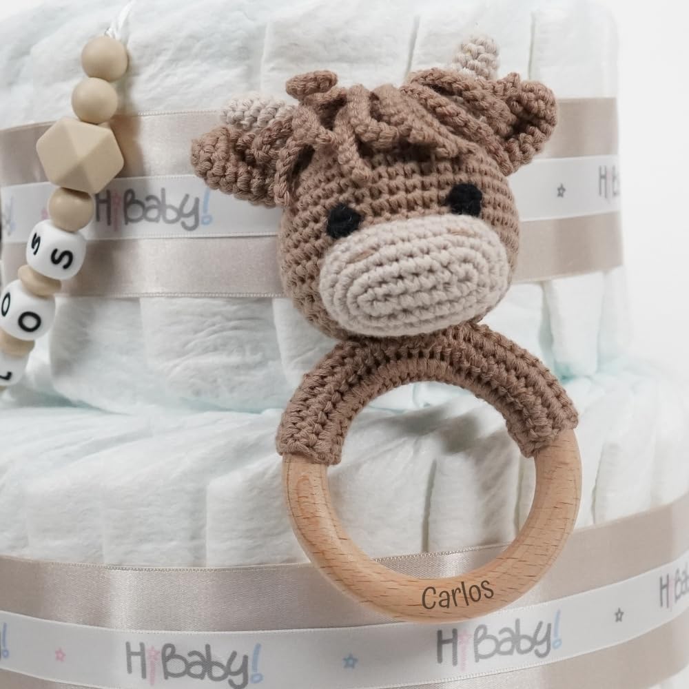 Tarta de pañales personalizada para bebé Vaquita Moo, Regalo Original para Baby Shower, Recién Nacido, Bautizo, Pañales D. Sensitive, Pastel de pañales