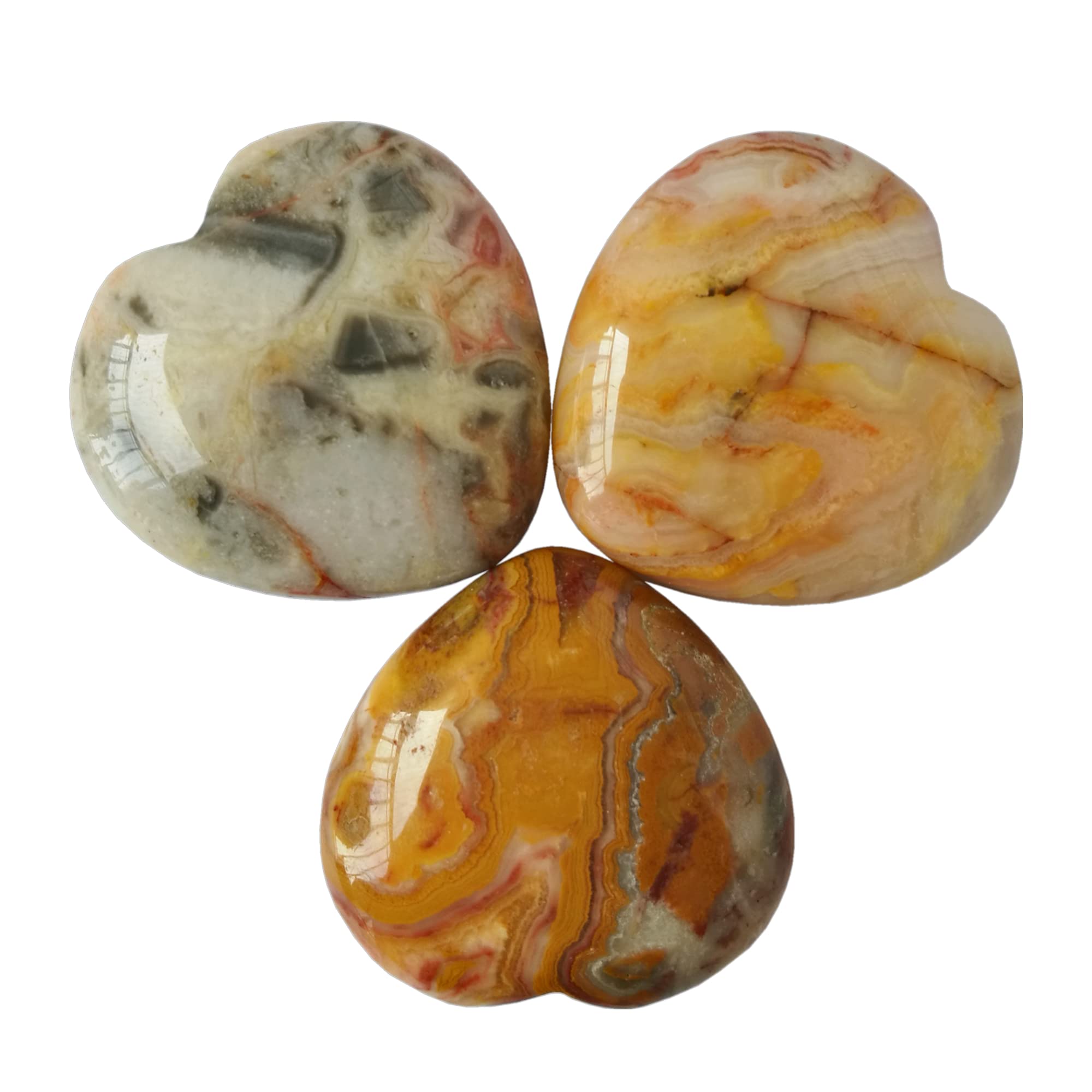 3 Pcs Natural Yellow Crazy Lace Agate Pocket Palm Thumb Healing Crystal Heart Love Worry Stones,1 inches Reiki Balancing Crystal and Healing Stones