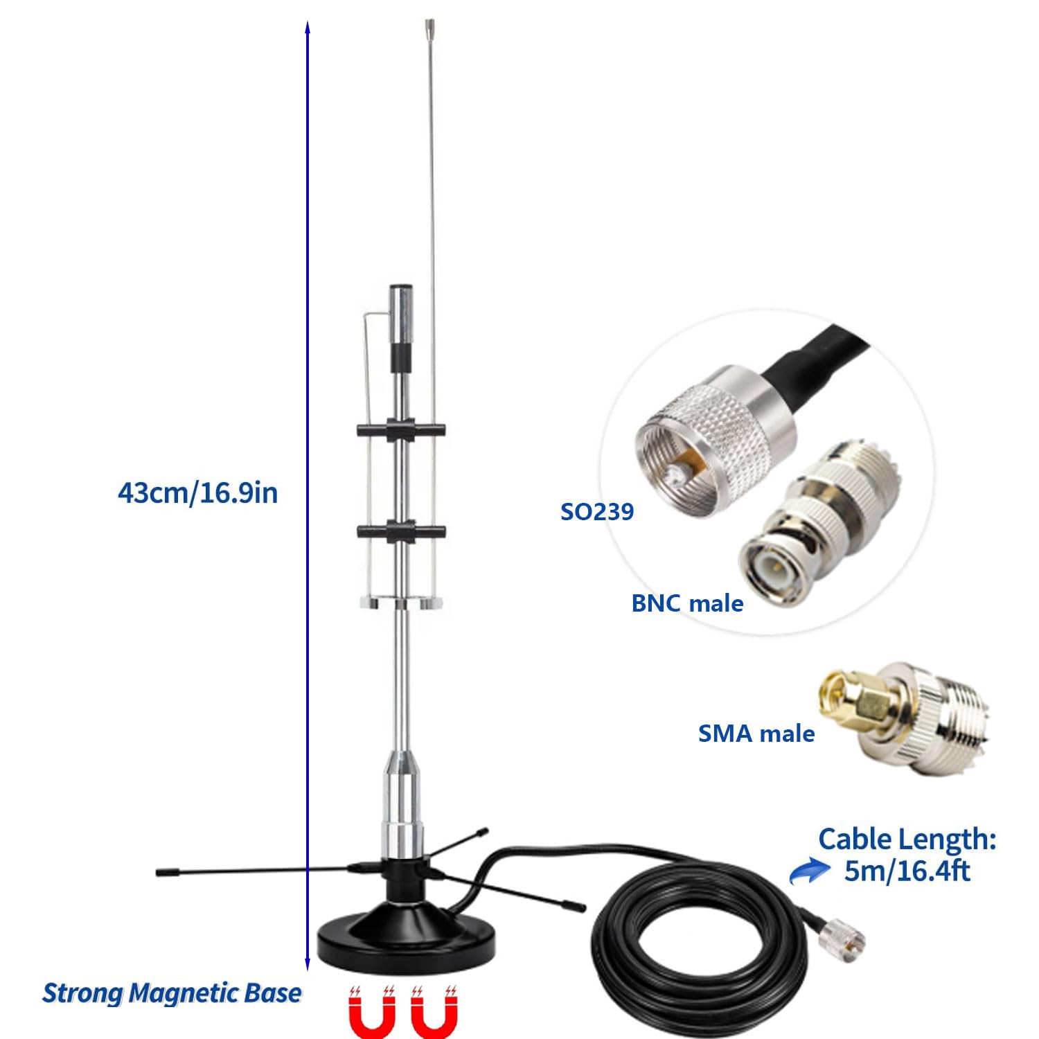 Antena GMRS de 2 m de 70 cm, antena de escáner de policía de escritorio para interiores y exteriores, 25-3000 MHz VHF UHF FM CB GMRS ADSB para receptor SDR/Air FM/ADSB Flightaware, cable BNC SMA SO239