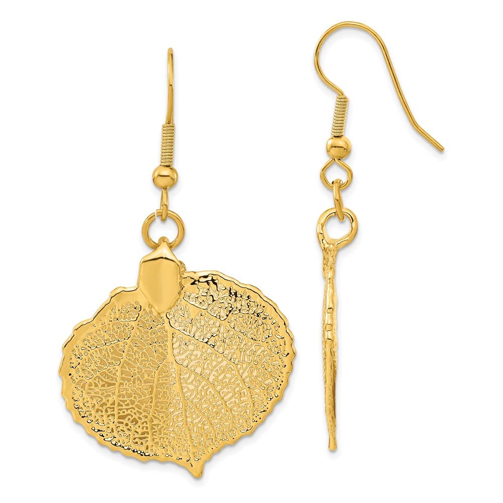 Diamond2Deal 24k Gold-Plated Dipped Aspen Leaf Dangle Earrings (L-46 mm, W-26 mm)