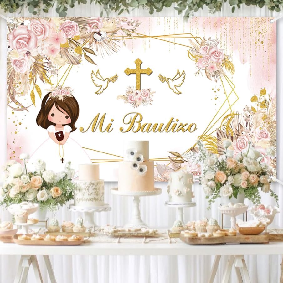 MEHOFOND Fondo para Mi Bautizo 7x5ft Rosa miniatura 2