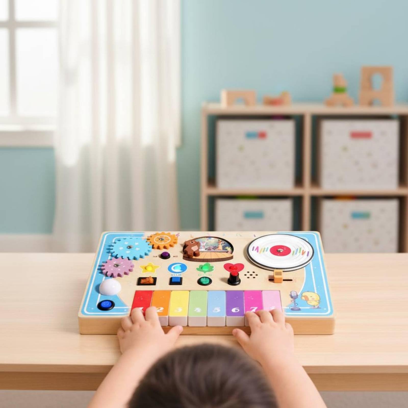 Colcolo Children Music Board Tavola Sensoriale Legno Piano Giocattolo Pannello Attività con Tastiera Rotella Ingranaggi Pulsanti Elementi Scorrevoli per