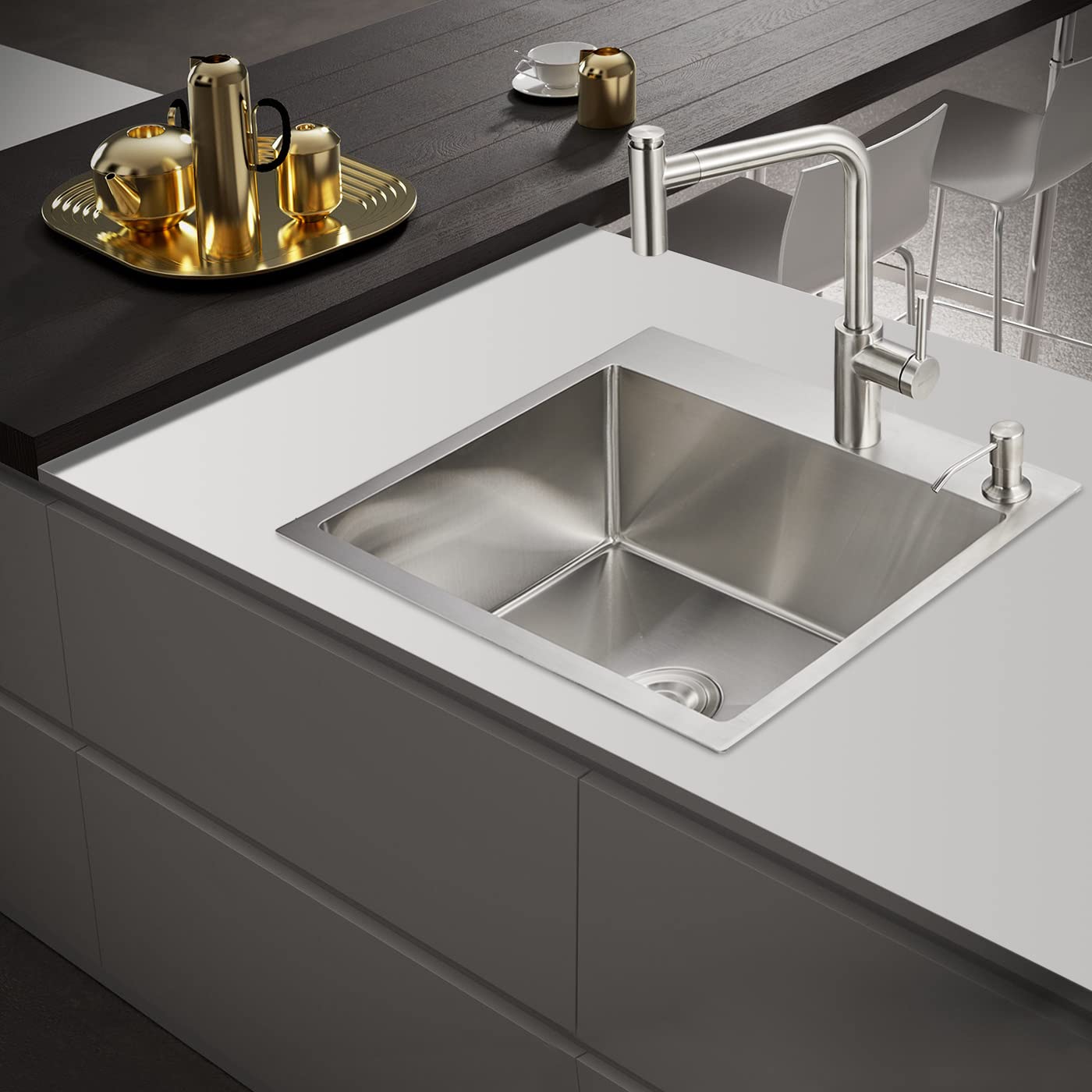 POPFLY Küchenspüle 58,4 Cm – Edelstahl 304, Einzelbecken, Gebürstet, Drop-In-Montage