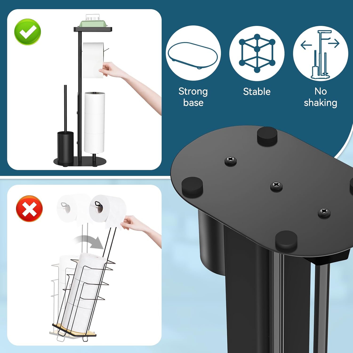 Toilet Paper Holder Free Standing - Toilet Paper Stand with Shelf, Bathroom Tissue Holder Stand, Floor Toilet Paper Roll Holder Stand with Storage, Black