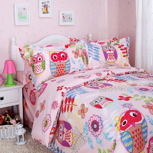 Norson Owl Bedding Sets / Pink Cartoon Bedding Set / Beautiful Girl Bedroom Bedding Sets / Bedding in a Bag / Twin / Queen (Twin)