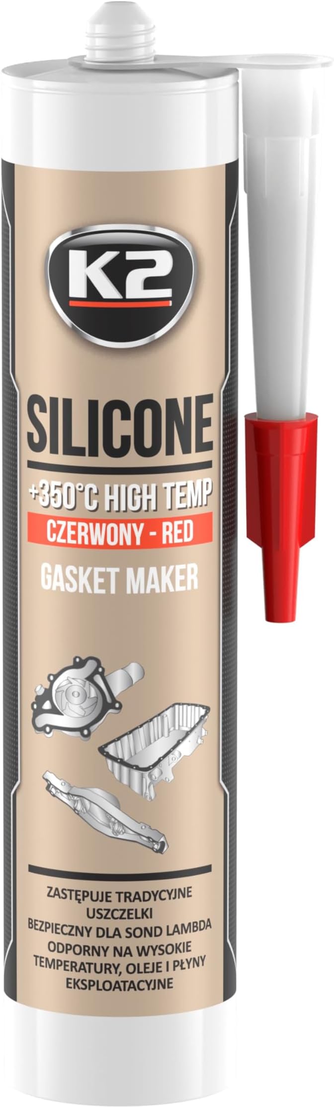 K2High Temperature Silicone Sealant Dichtsi Likon, Temperature Extremes to + 350 °C, Red, 300 g