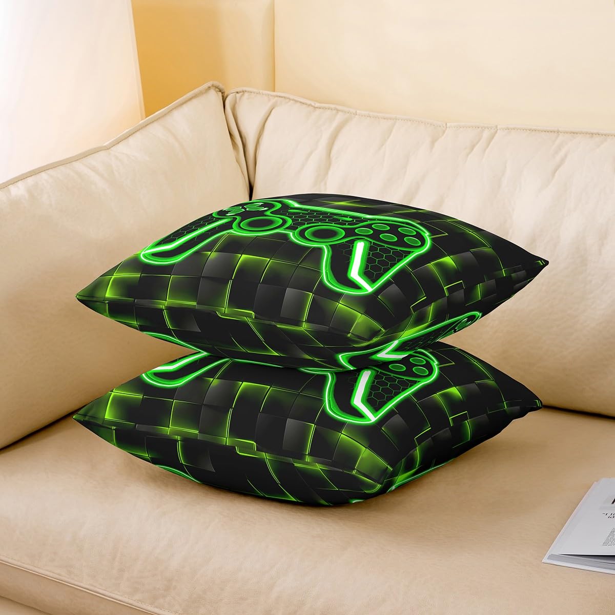 Homemissing Gamer Throw Pillow Covers 18"x18" Set of 2 Soft Green and Black Pillow Case Cushion Cover Decor Gaming Ombre Decorative Throw Pillowcase for Sofa Geometric Square Cushion Case - Image 4