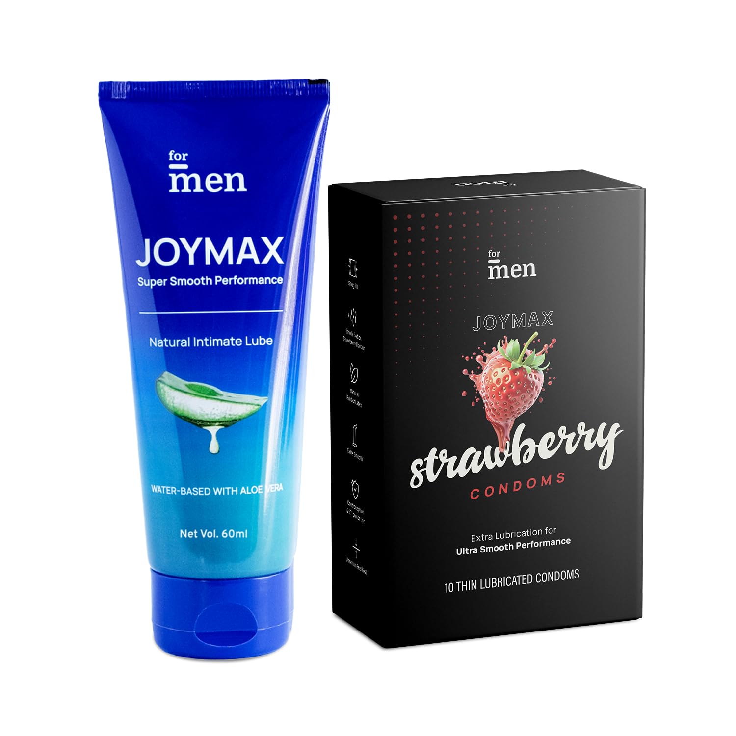 Joymax Condoms Strawberry Flavored With Intimate Lube Gel For Men | Water Based Gel Formula | Aloe Vera & Vitamin E For Ultra Smooth | Non Sticky, Paraben Free