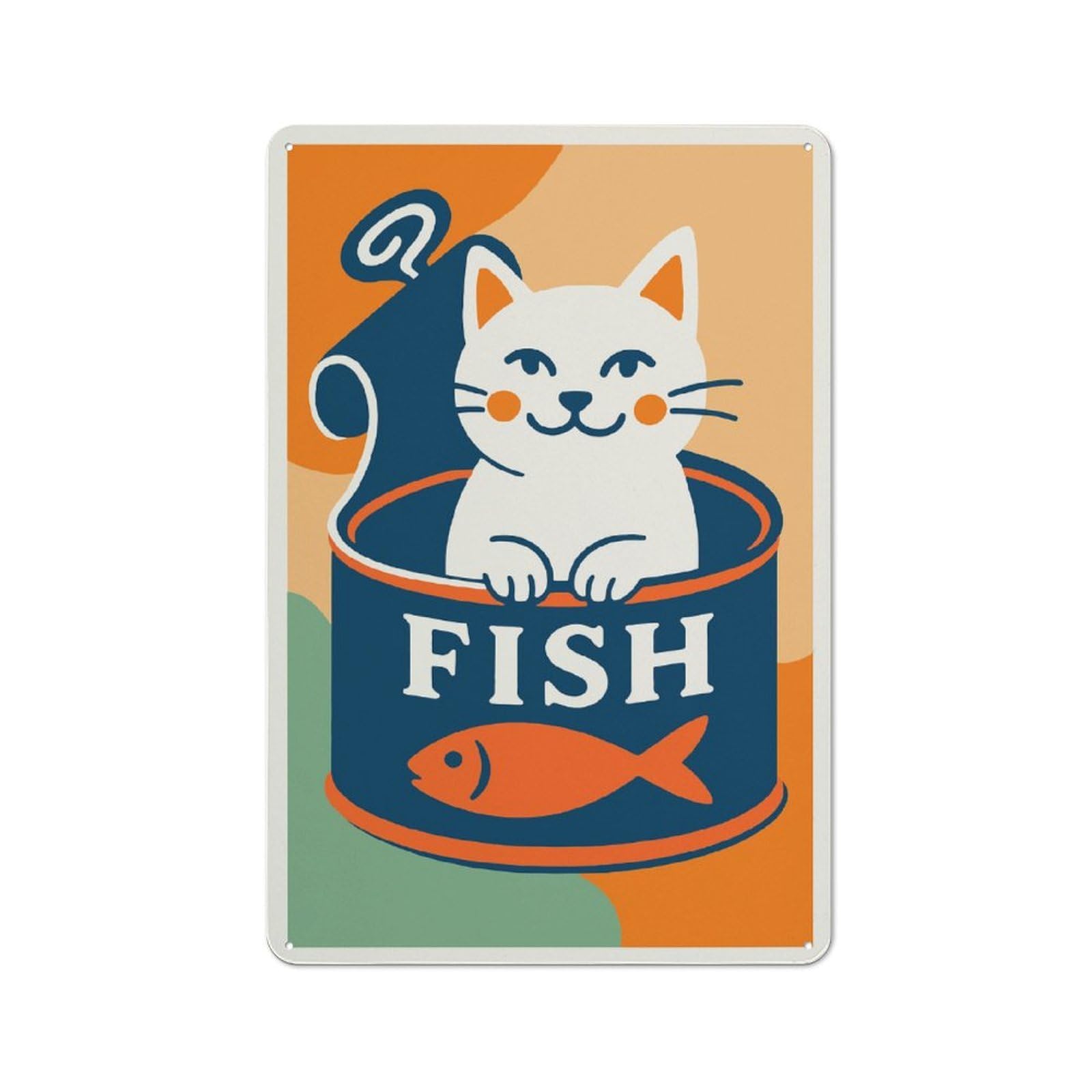 Junmoney Style Metal Wall Sign 30X20cm Featuring Cat In A Fish Can Illustration For Bar Or Restaurant, Gift For Bar Decor Enthusiasts During The Christmas Season