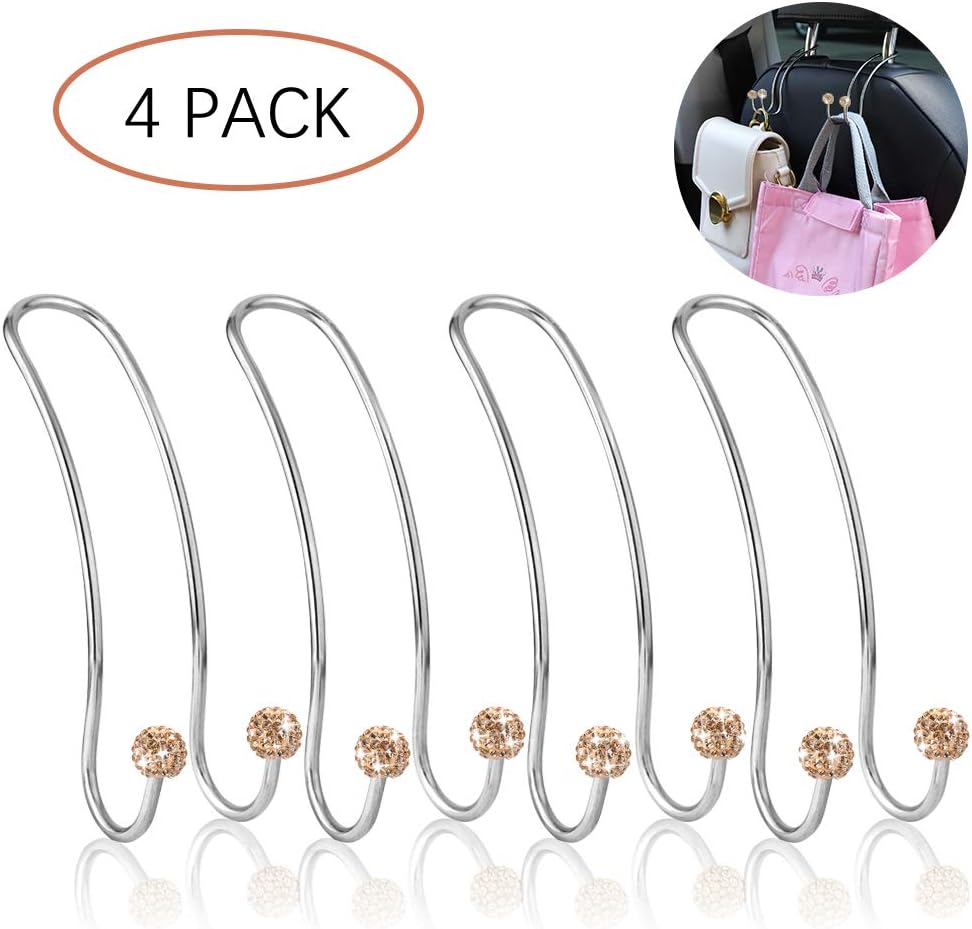 Artscope 4 Pack Car Hooks, Multifunctional Organizer Hooks Universal Bling Diamond Car Headrest Hangers Hooks for SUV Truck Vehicle, Strong and Durable Auto Backseat Hanger Storage Hooks (Champagne)