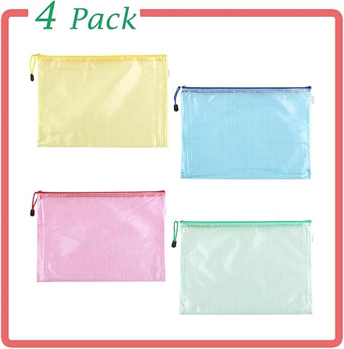 Miniatura 2 de Paquete de 4 bolsas de malla con cremallera, bolsas de malla A4 con cremallera, bolsas impermeables con cremallera para almacenamiento de viajes,