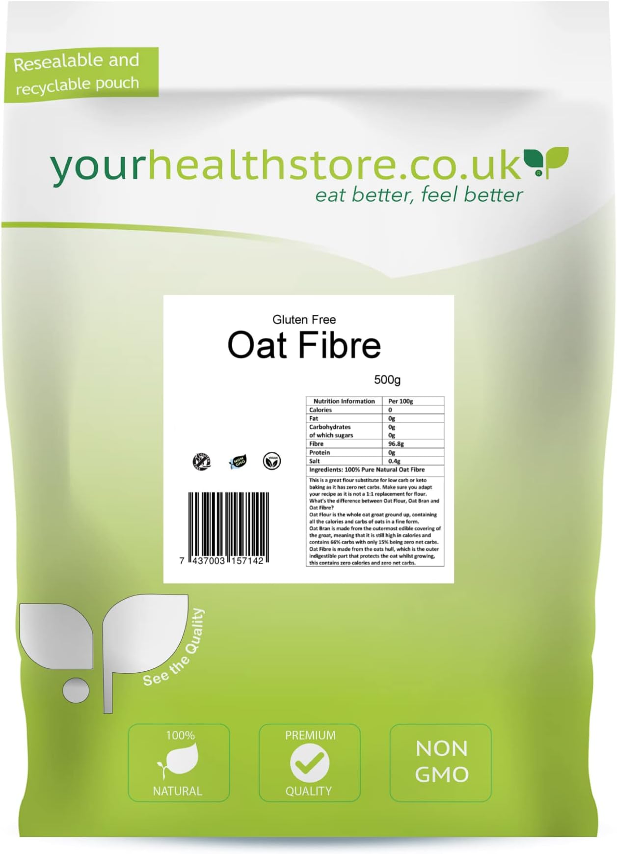Premium Oat Fibre 500g (1.1lb), Extra Light and Fluffy, Great for Keto King Bread, Vegan, Produced in The EU, (Recyclable Pouch), White, Pack of 1