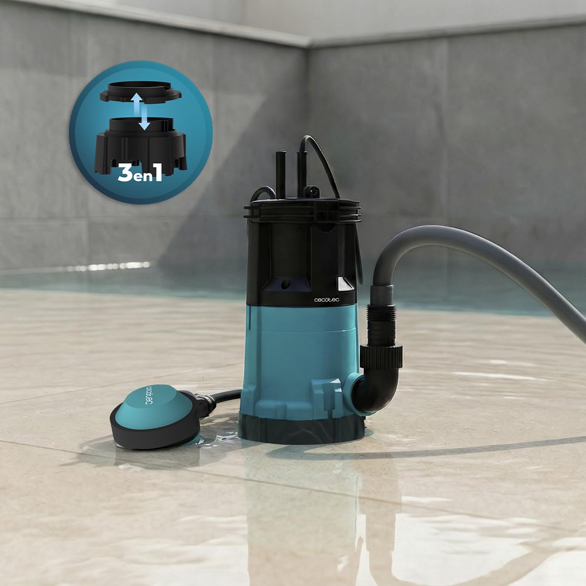 Cecotec Neptunus 750 Zatapialna pompa ciemna i kryształowa 750 W, 2w1 woda czysta i brudna, 14000 l/h, funkcja niskiego zasysania, wysokość 7,5 m, głębokość 7 m, przełącznik pływakowy, IPX8, kabel 10