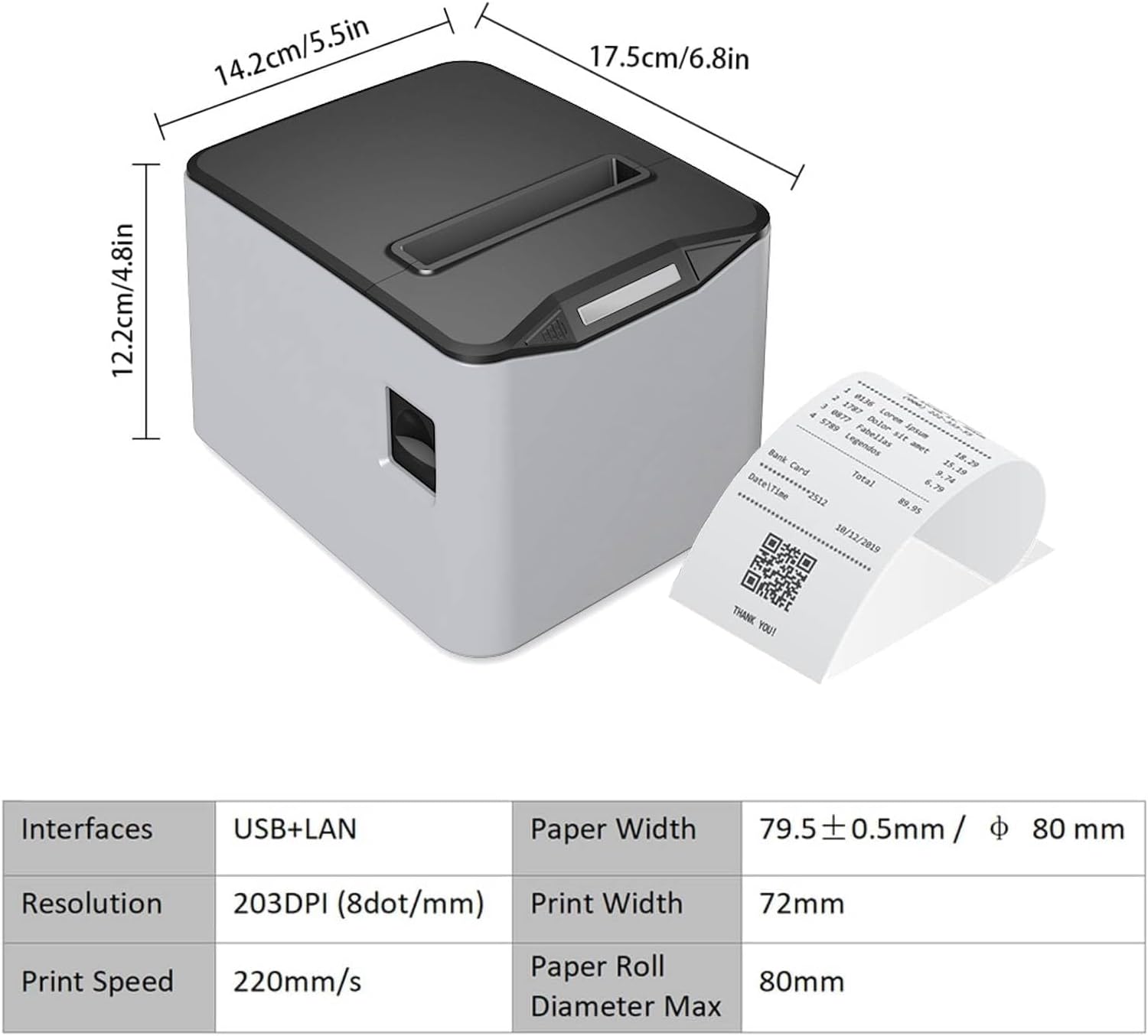 Diagram showing dimensions of Bisofice POS-8370 printer and a table of specifications