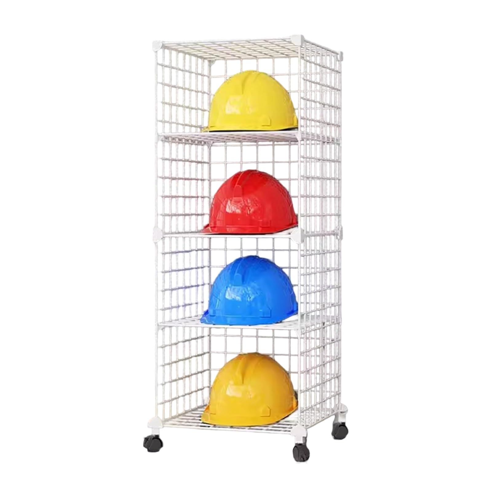 Boîtes de rangement empilables pour casques de sécurité, grand support réglable à roulettes, présentoir à casques sur pied pour la maison, le chantier ou l'usine(White,4 grids)