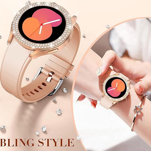DEALELE [2-PACK] Case Compatible with Samsung Galaxy Watch FE / 5/4 40mm, Bling Double-row Diamond PC Protective Case Protector Cover, 40mm, Rose gold + Transparent - 4