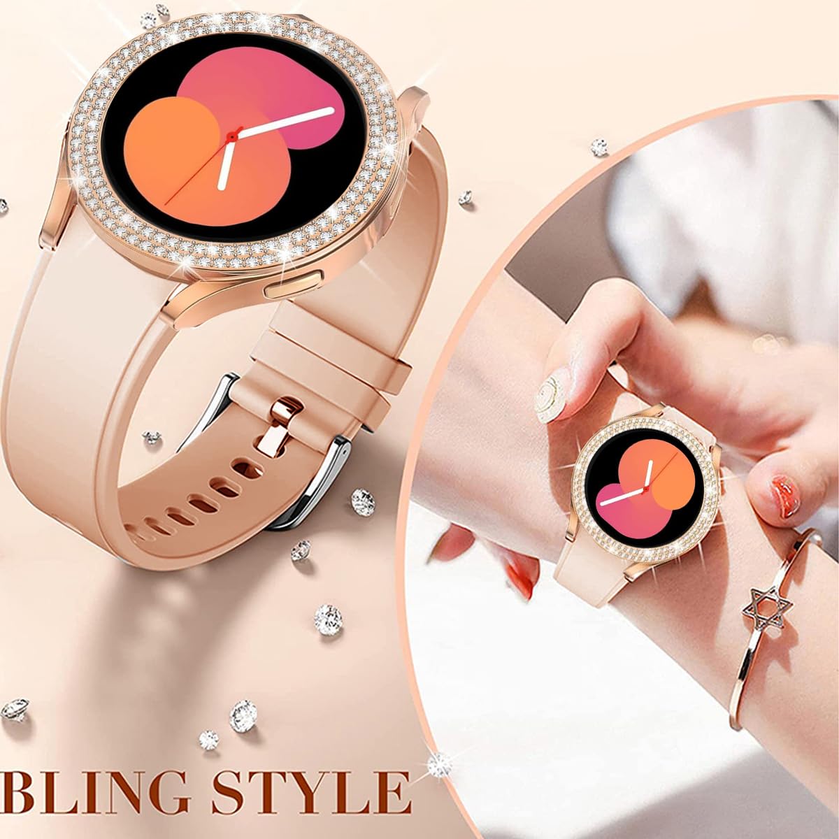 DEALELE [2-PACK] Case Compatible with Samsung Galaxy Watch 5/4 44mm, Bling Single-Row Diamond PC Protective Case Replacement Watch Cover Bumper (44mm, Gold+Transparent) — view 23