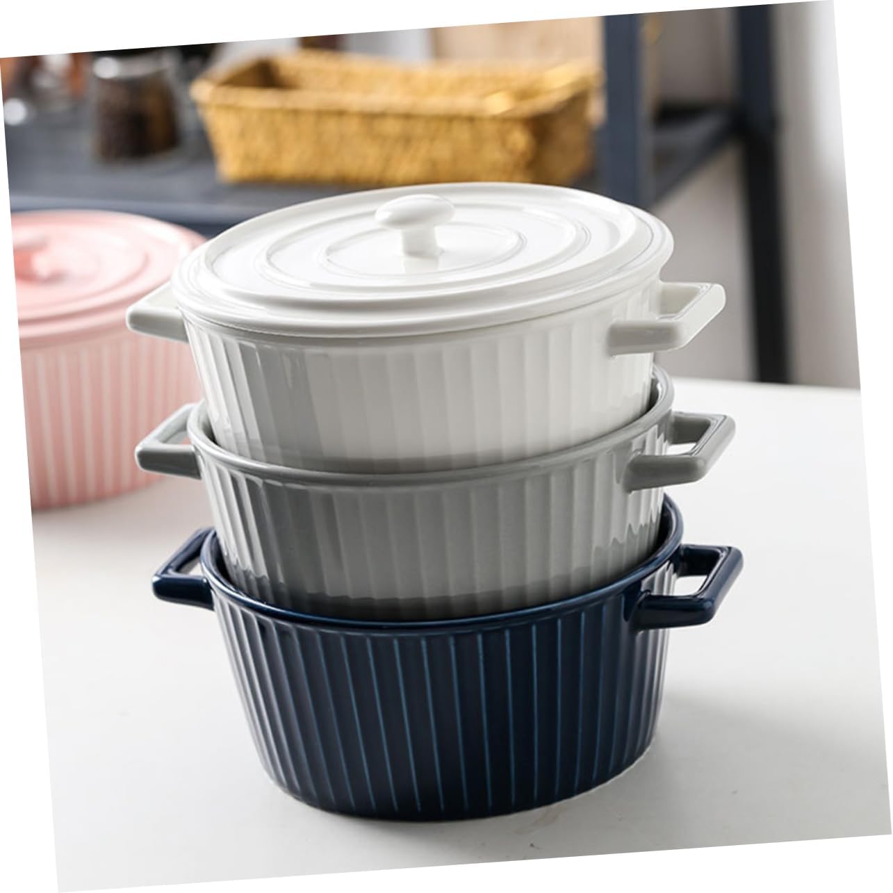 Ceramic Insulated Soup Bowl Lid Double Handles Microwave Dishwasher Safe for Instant Noodles Lunch Box