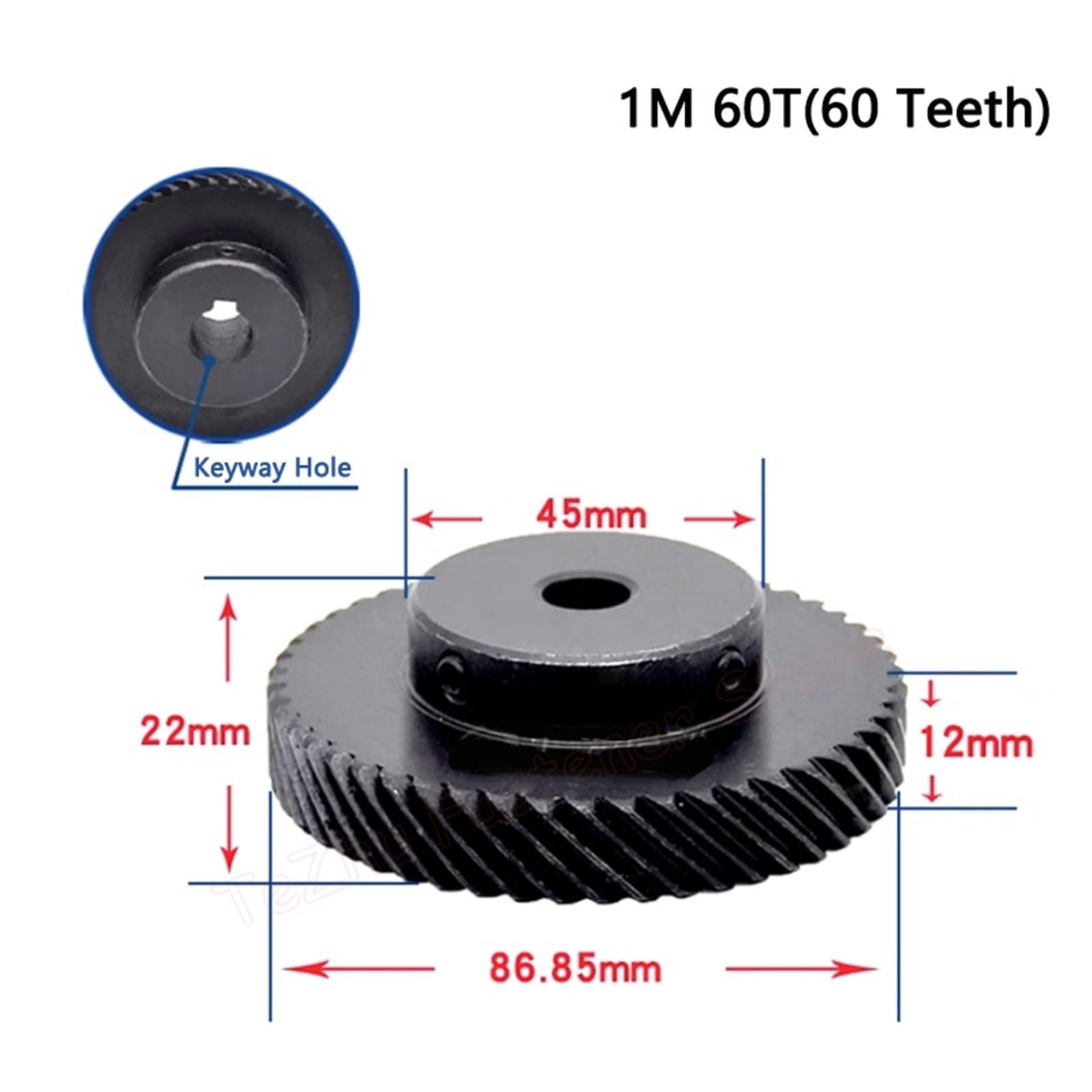 1 engrenage conique hélicoïdal Mod 60 dents 45 degrés - rotation à gauche et à droite, acier 45#, tailles d'alésage 10-25 mm (16 mm (keyway 5 mm) 1 M 60T-Left)