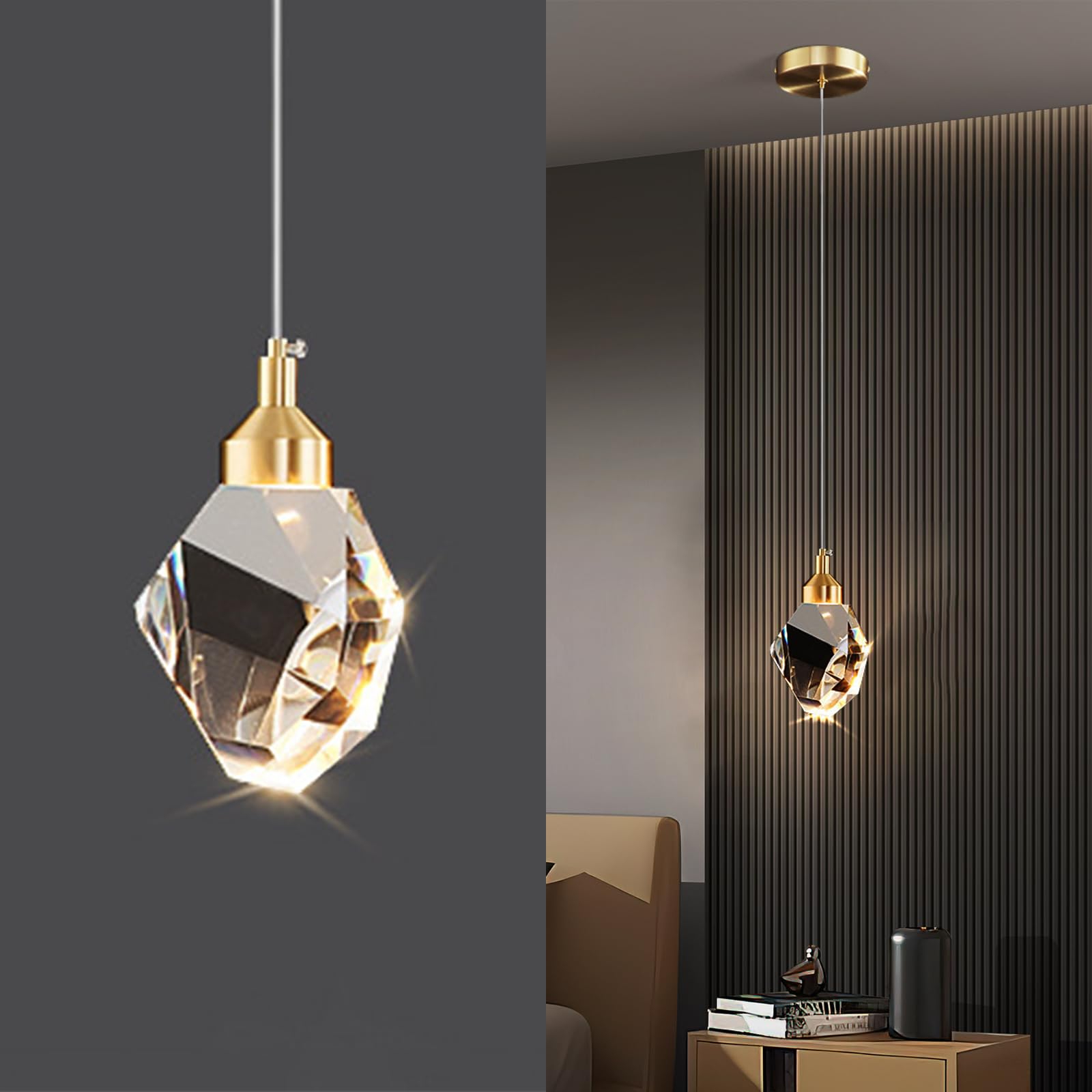 Lampara Techo Cristal Moderno Simple Iluminación Colgante Tricolor Lámpara de Techo Art Déco Plafones LED para Dormitorio,Cocina,Salón,Lámpara Colgante Oro