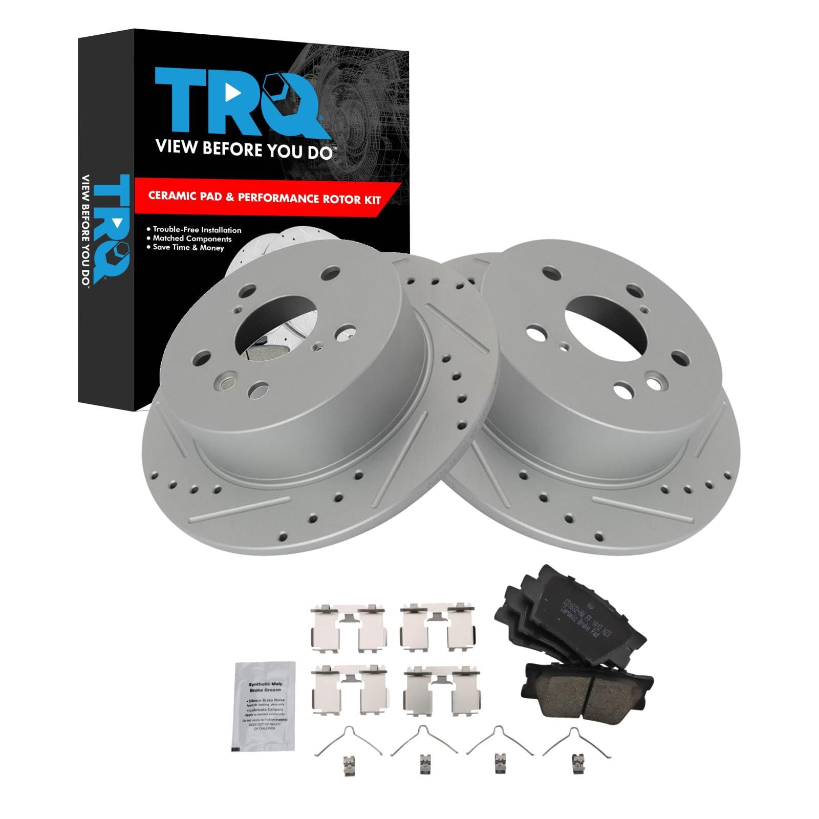 TRQ Performance Rear Brake Pad and Rotor Set Ceramic Coated Drilled Slotted Compatible with 2007-2012 Lexus ES350 2008-2012 Toyota Avalon 2007-2011 Camry