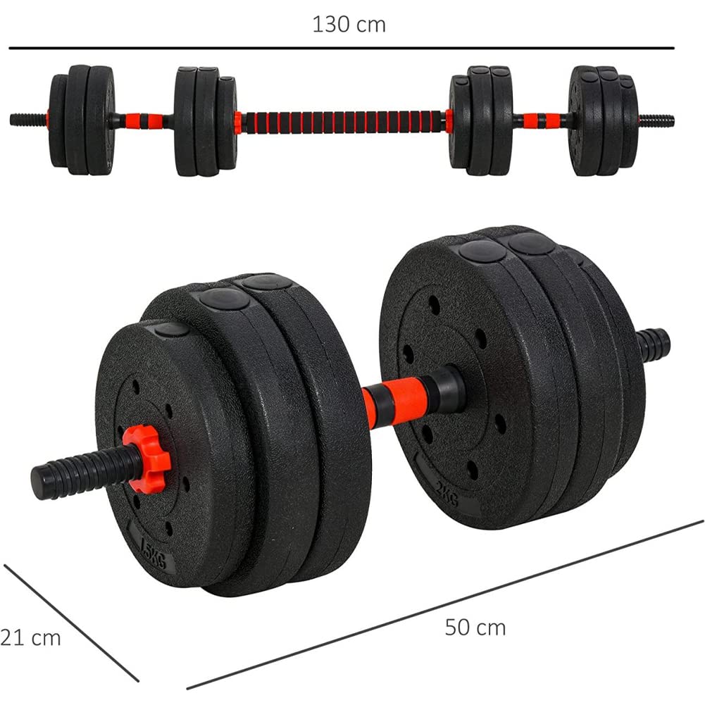 BAKAJI Set 2 in 1 Manubri Regolabili con Barra Bilanciere e 12 Dischi Totale Peso 25kg (4x2.5kg + 4x2kg + 4x1.5kg), Rivestimento Nero e Rosso in Gomma Piuma Antiruggine Antiscivolo, Fitness