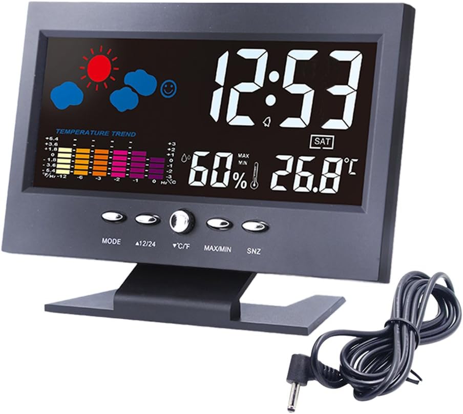 Lomanda Digital Alarm Clock 5.5” Colorful Display Screen with Weather Forecast/Date/Indoor Humidity Temperature/Snooze/Charging Cable(Black)
