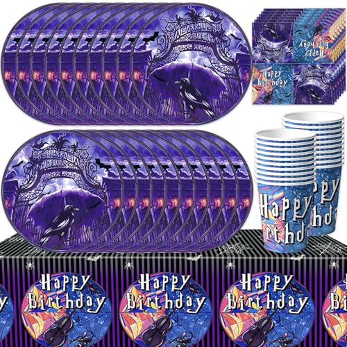 61Pcs Wednesday Party Cutlery Set Designed For Wednesday Themed Birthdays Childrens Birthday Party Decorations Purple Cartoon Decorations Plates Cups Tissues Tablecloths (20 Guests)