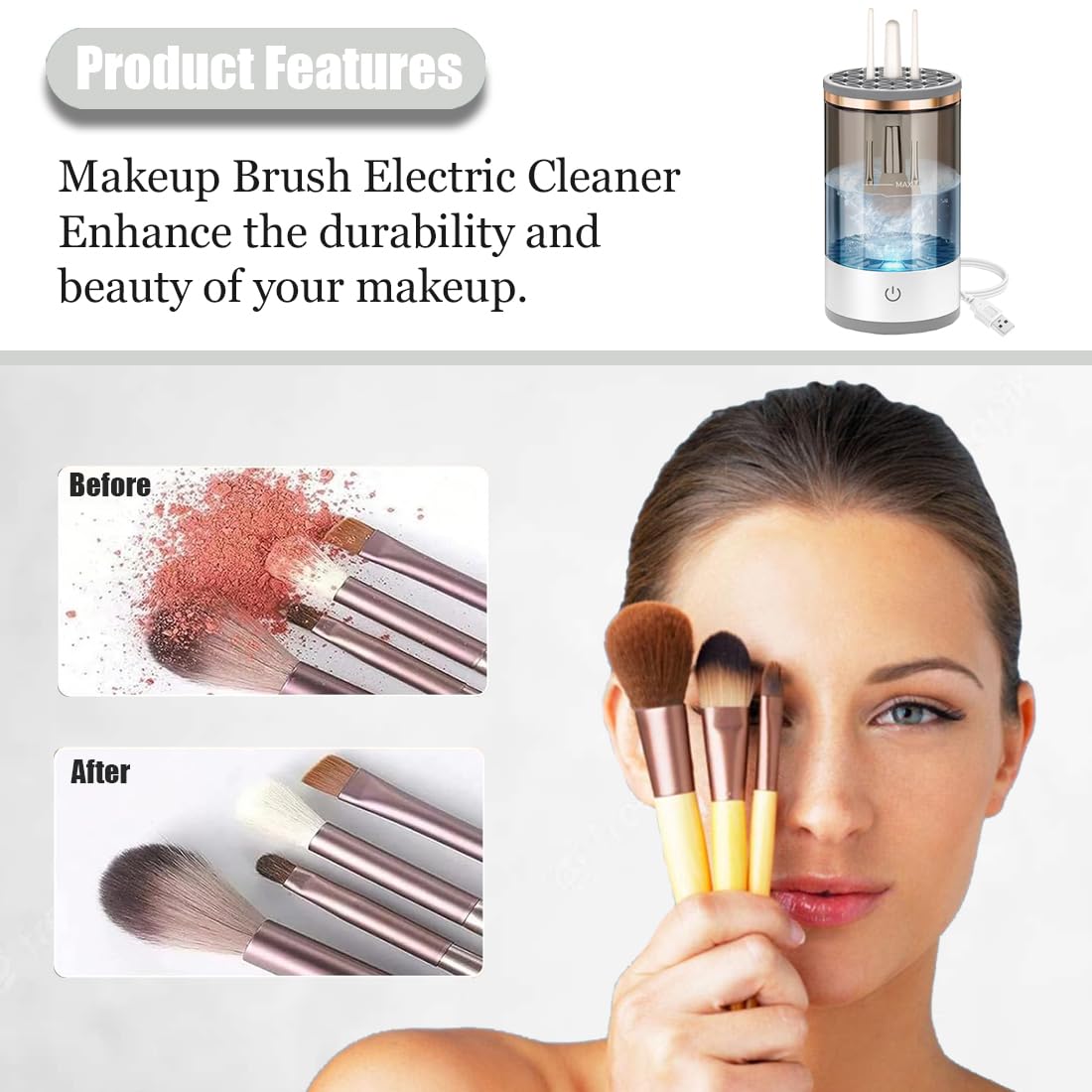Limpiador de Brochas de Maquillaje Eléctrico 3 en 1 – Limpia y Seca en 30s USB Automático