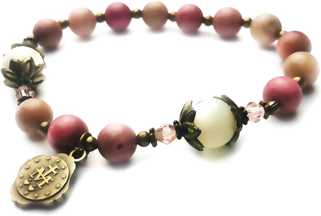 Pink Rhodonite and Mother of Pearl Stone Catholic Rosary Bracelet for Women with Virgin Mary Our Lady of Graces Medal Charm - Catholic Gifts Women - Image 2