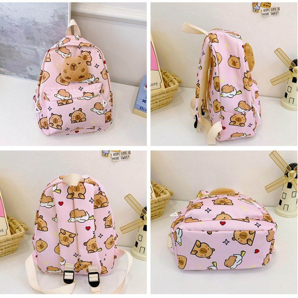 Zaino Capibara Kawaii Per Scuola, Set 4 Pezzi Con Astuccio, Borsa Pranzo E Portachiavi, In Nylon Impermeabile, 32x18x43 Cm