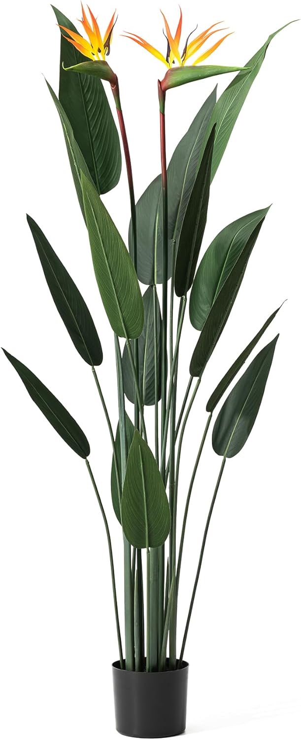 Glitzhome 5.3FT Bird of Paradise Artificial Plant, Potted Faux Tropical Palm Tree with 2 Flower & 15 Leaves, No Assembly Requried