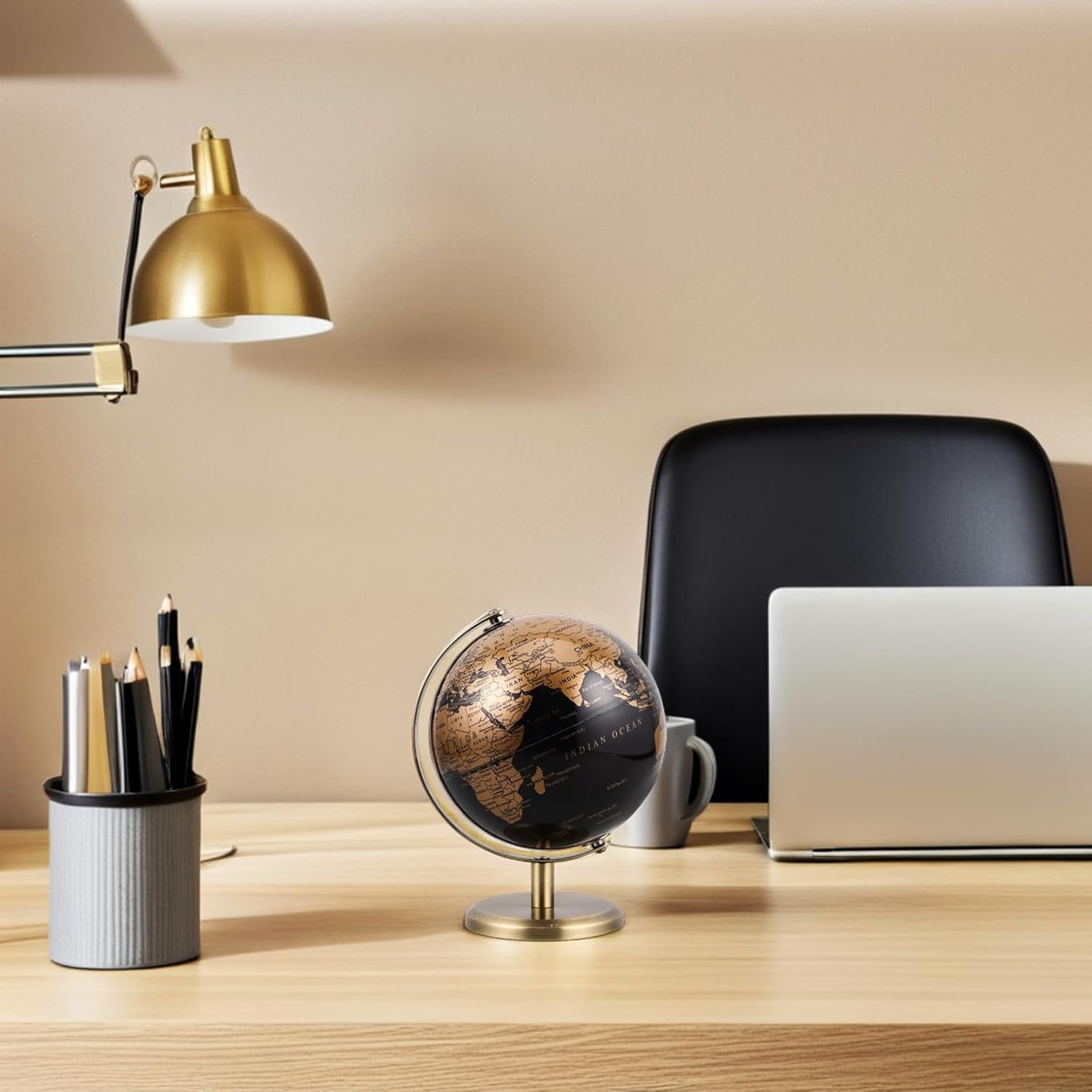 European Style Luxury Rotating Desk Table Globe Vintage Decorative Globe Ornament with Black Gold English Map Antique Stand for Home Office Decor