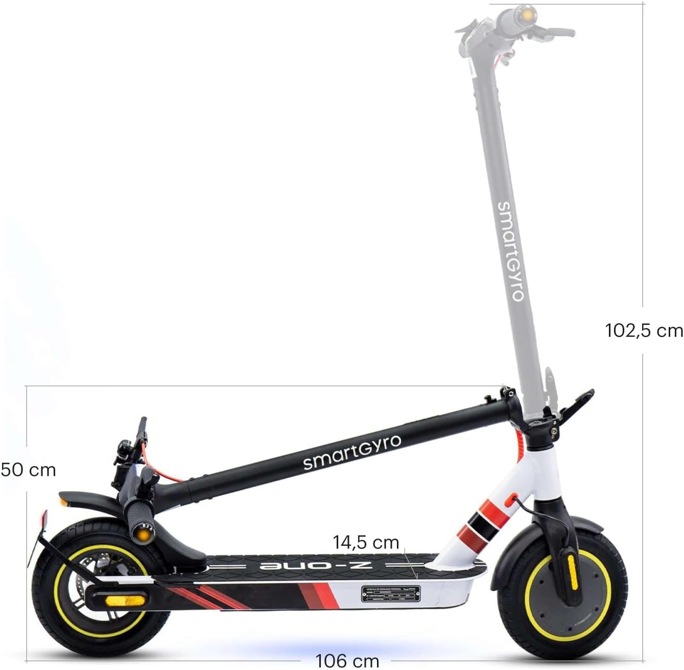 Diagram showing key dimensions of the smartGyro Z-One 2 Electric Scooter.