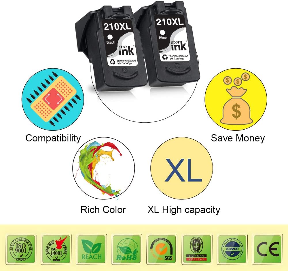 🛒 Flash Sale Starink Remanufactured Ink Cartridge Replacement for Canon 210XL PG-210 XL Black for PIXMA MX410 MX420 MX320 MX330 MX350 MP240 MP250 MP270 MP280 MP480 MP490 MP495 iP2702 Printer, 2 Pack Flash Sale Buy 1 get 1 Starink Remanufactured Ink Cartridge Replacement for Canon 210XL PG-210 XL Black for PIXMA MX410 MX420 MX320 MX330 MX350 MP240 MP250 MP270 MP280 MP480 MP490 MP495 iP2702 Printer, 2 Pack
