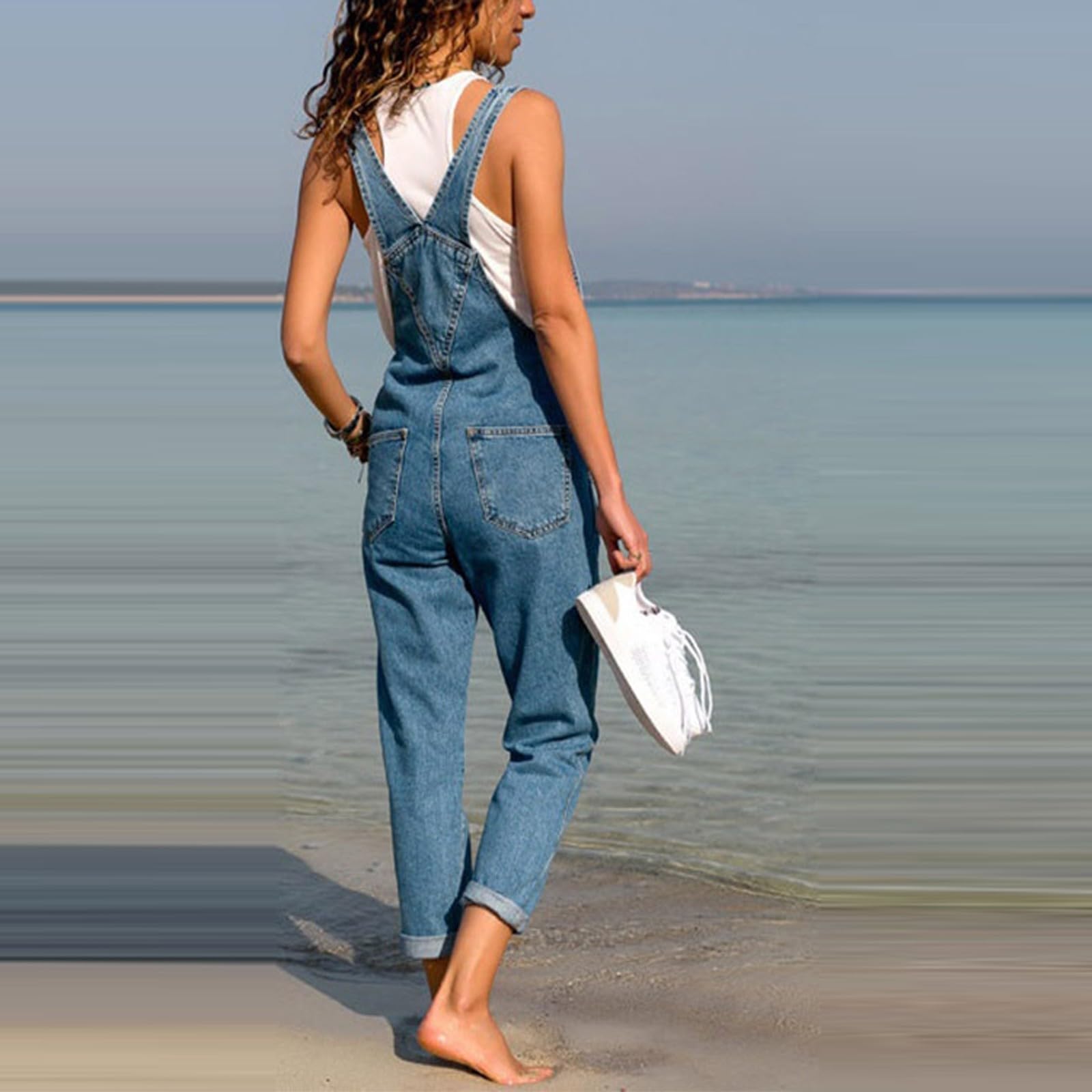 Générique Femme Salopette en Jeans Combinaison Pantalon Décontracté Vintage Playsuit Été Casual Jumpsuit en Denim Déchiré Bretelles Ajustables Salopette Ample Streetwear Salopettes