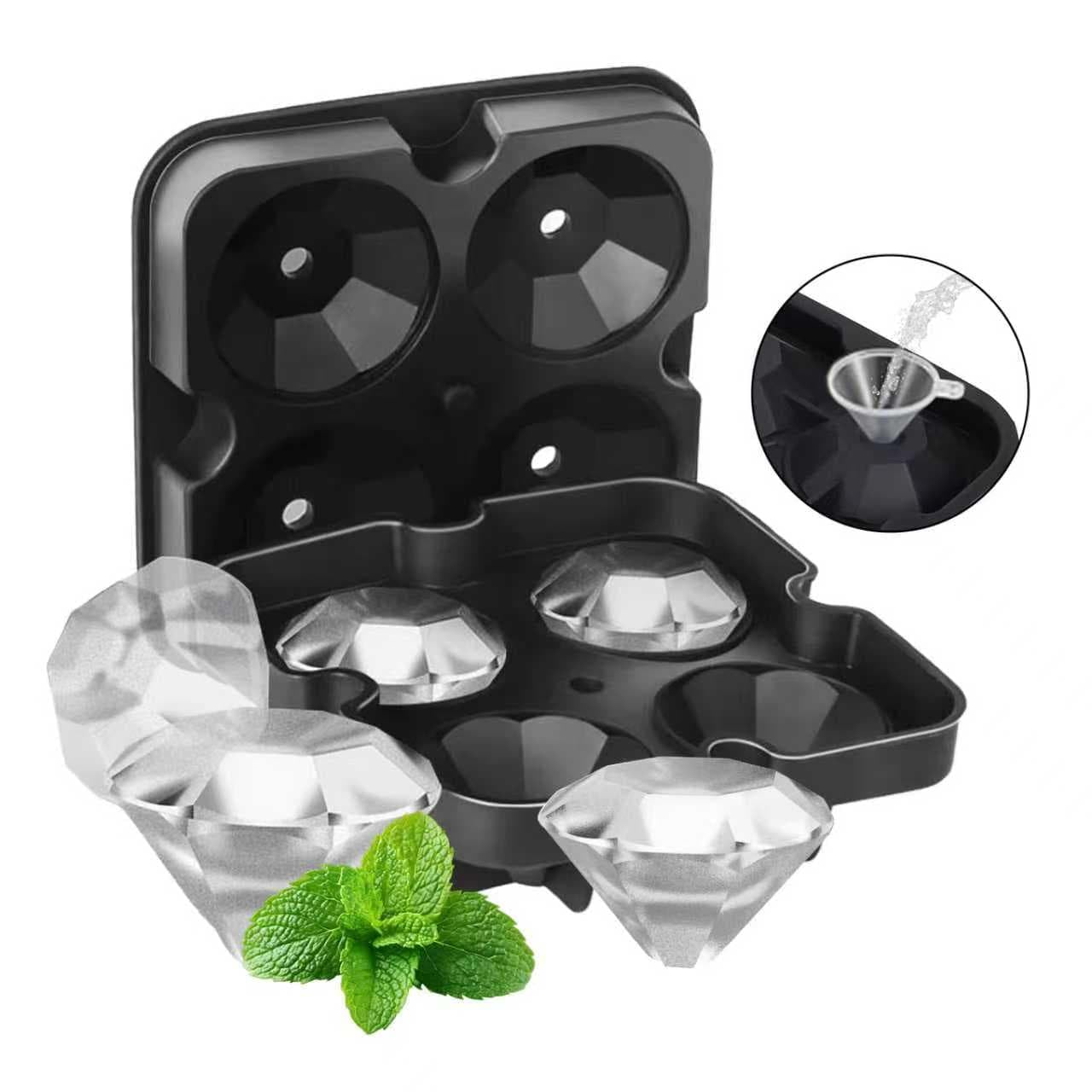 4-Compartment Silicone Ice Tray with Lid, 2 Diamond Shaped Ice Cube Molds with Water Dispenser, Suitable for Kitchen Accessories, Whiskey, Cold Drinks, Easy to Pop Out, Reusable, Black