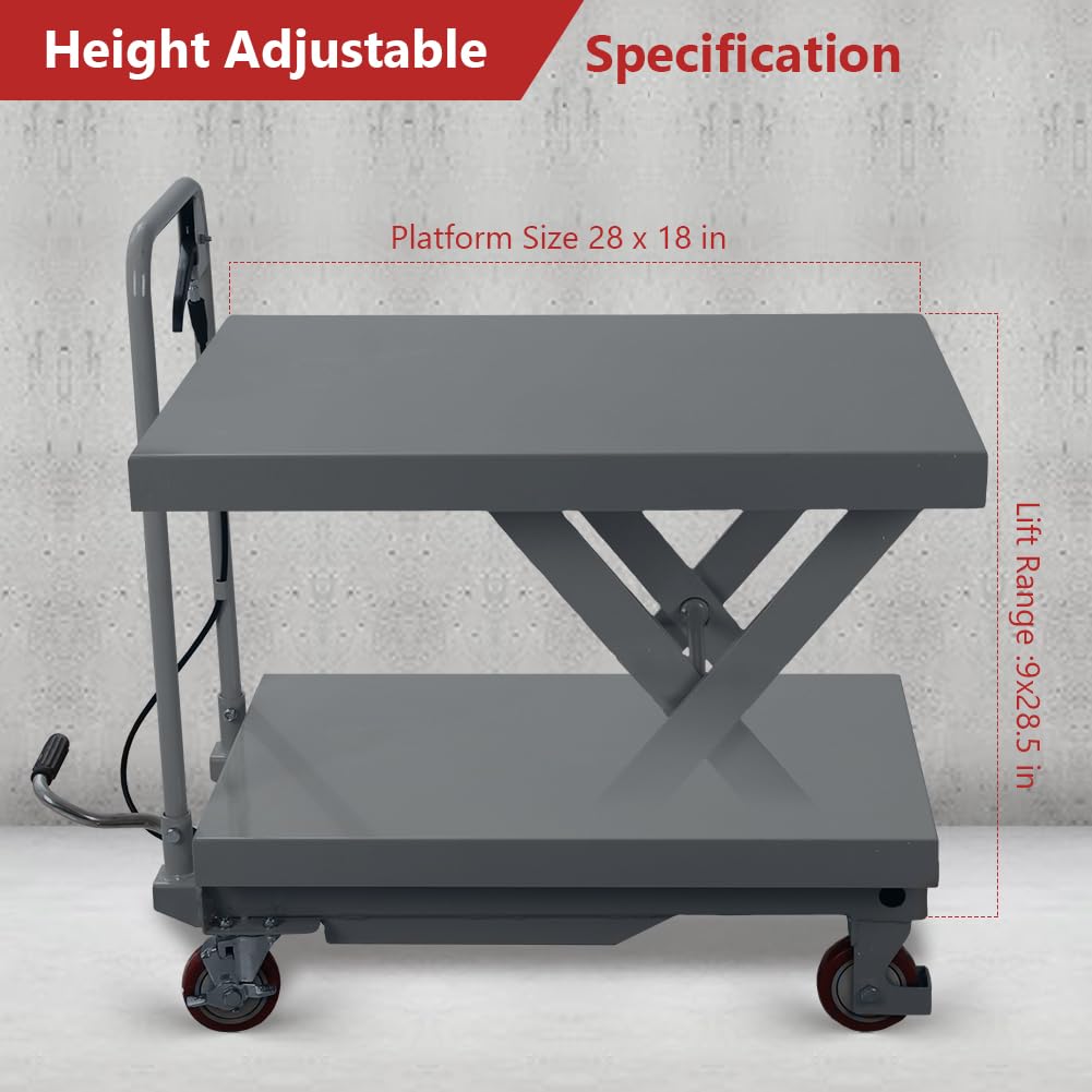 Table élévatrice hydraulique pour chariot à ciseaux, capacité de 226,8 kg, hauteur de levage de 72,1 cm, table élévatrice manuelle à ciseaux avec 4 roues et pompe à pied pour la manipulation du