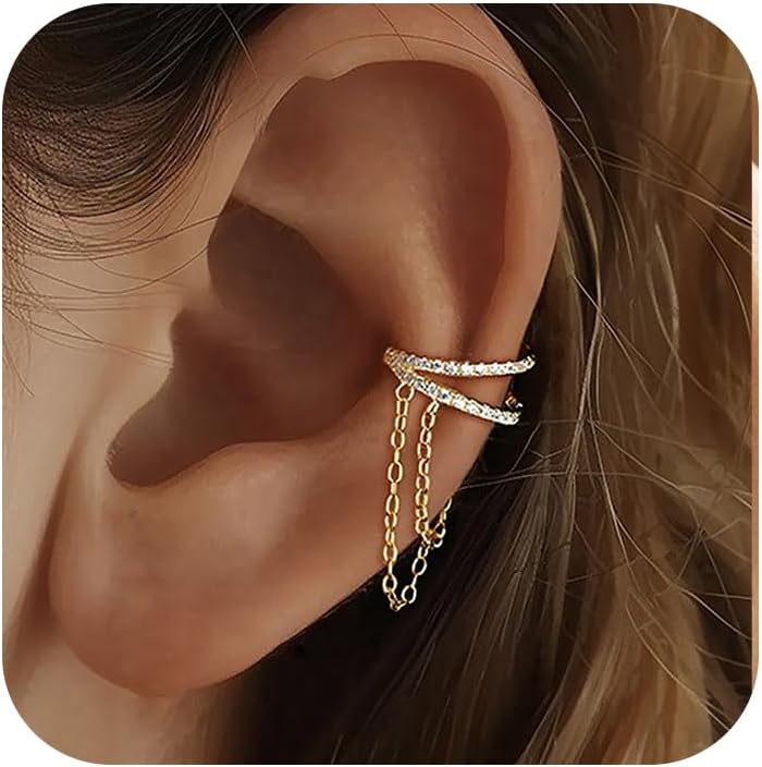 925 Sliver Sterling CZ Ear Cuff Tassels Wrap Clip Earrings for Women 14k Gold Plated No Piercing Cuff Earrings Chain to Daughter Wrap Earrings Tassel Clip On Ear Wedding Birthday Jewelry Gift