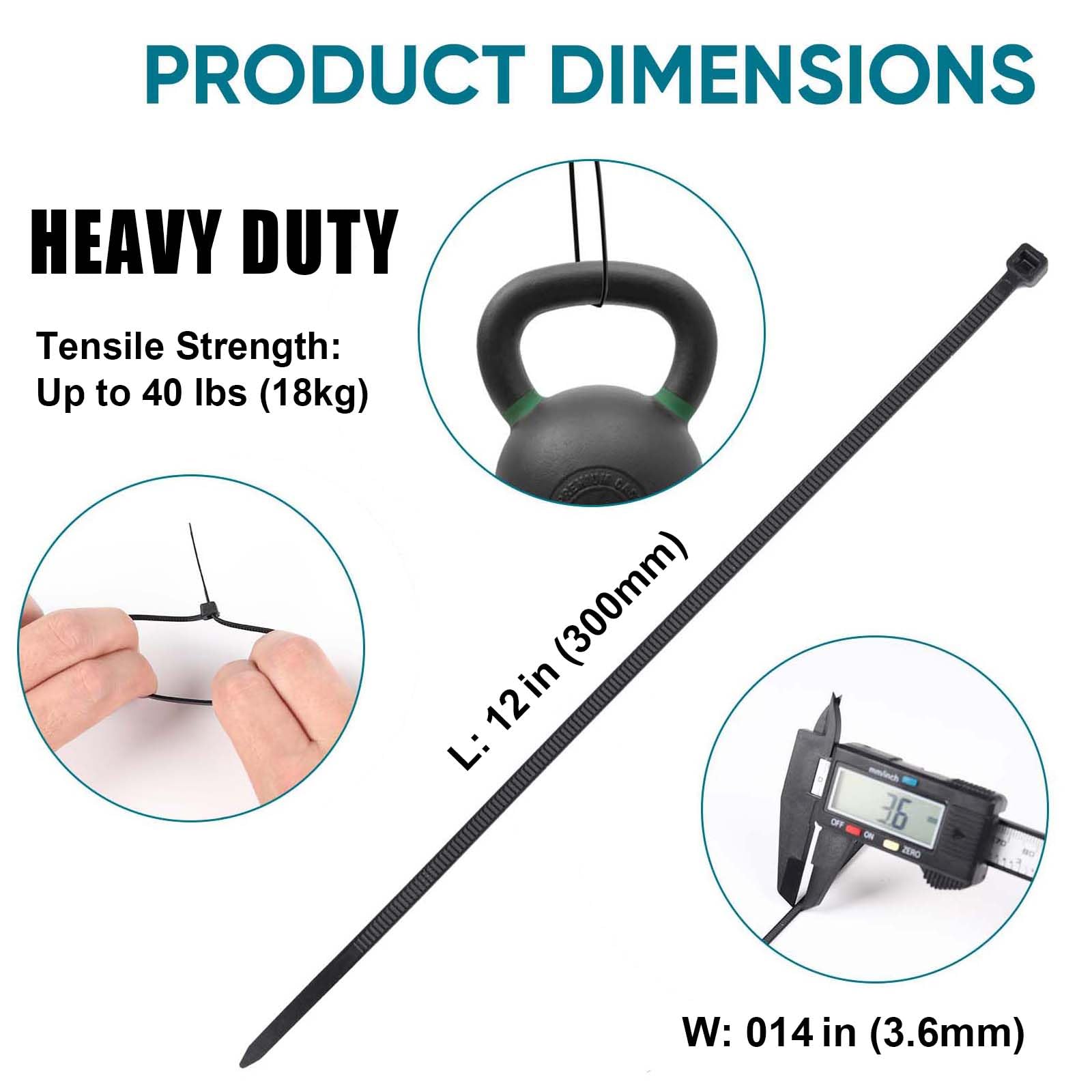 Viuxule Cable Ties 1000 Pack, 12 inch Nylon Zip Ties Black, 300 x 3.6mm Industrial Tie Wraps Tensile Strength 40 lbs - Image 2