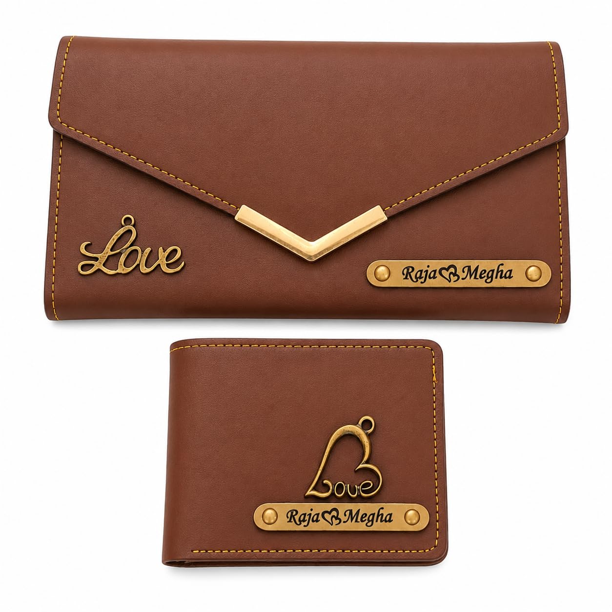 angel's creation Customised Anniversary Gift for Couple | Personalised Anniversary Gift Set for Couple with Name and Charm | Customized Nexon Leather Lady Wallet & Men Wallet (Brown)-picture-44