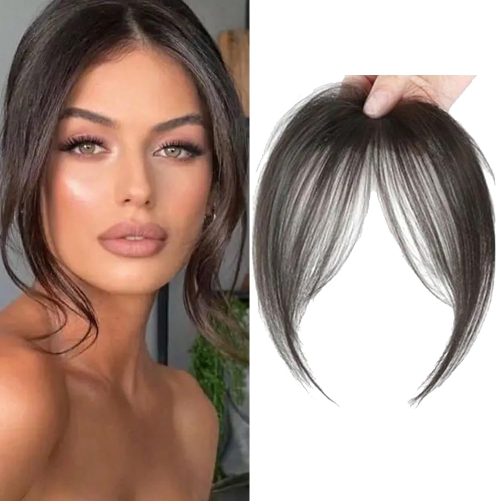 Frangia Clip Capelli Veri Natural 3D Frontale Frangia Posticci Remy Human Hair Bang con Tempie per Donne(Marrone-nero)